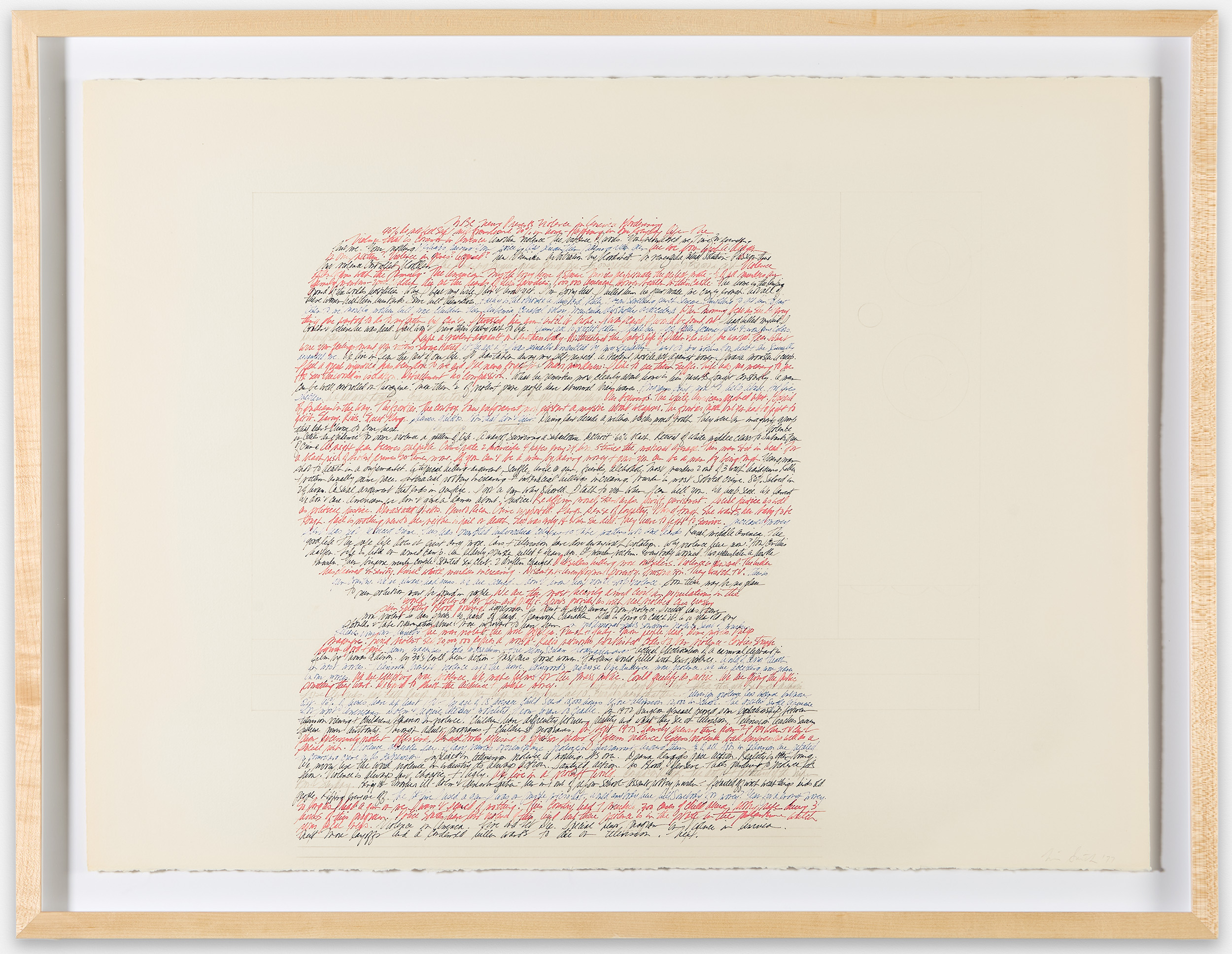 an ink and graphite image of handwritten sentences shaped into two vertically conjoining televisual screens