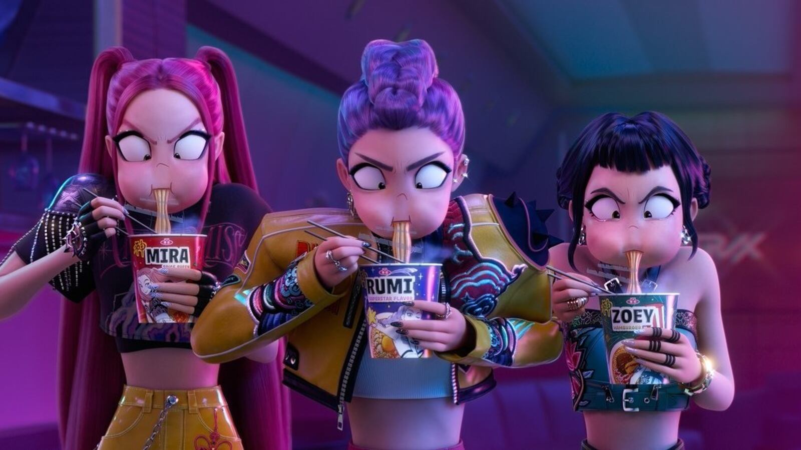 Mira, Rumi, and Zoey are eating cup ramen
