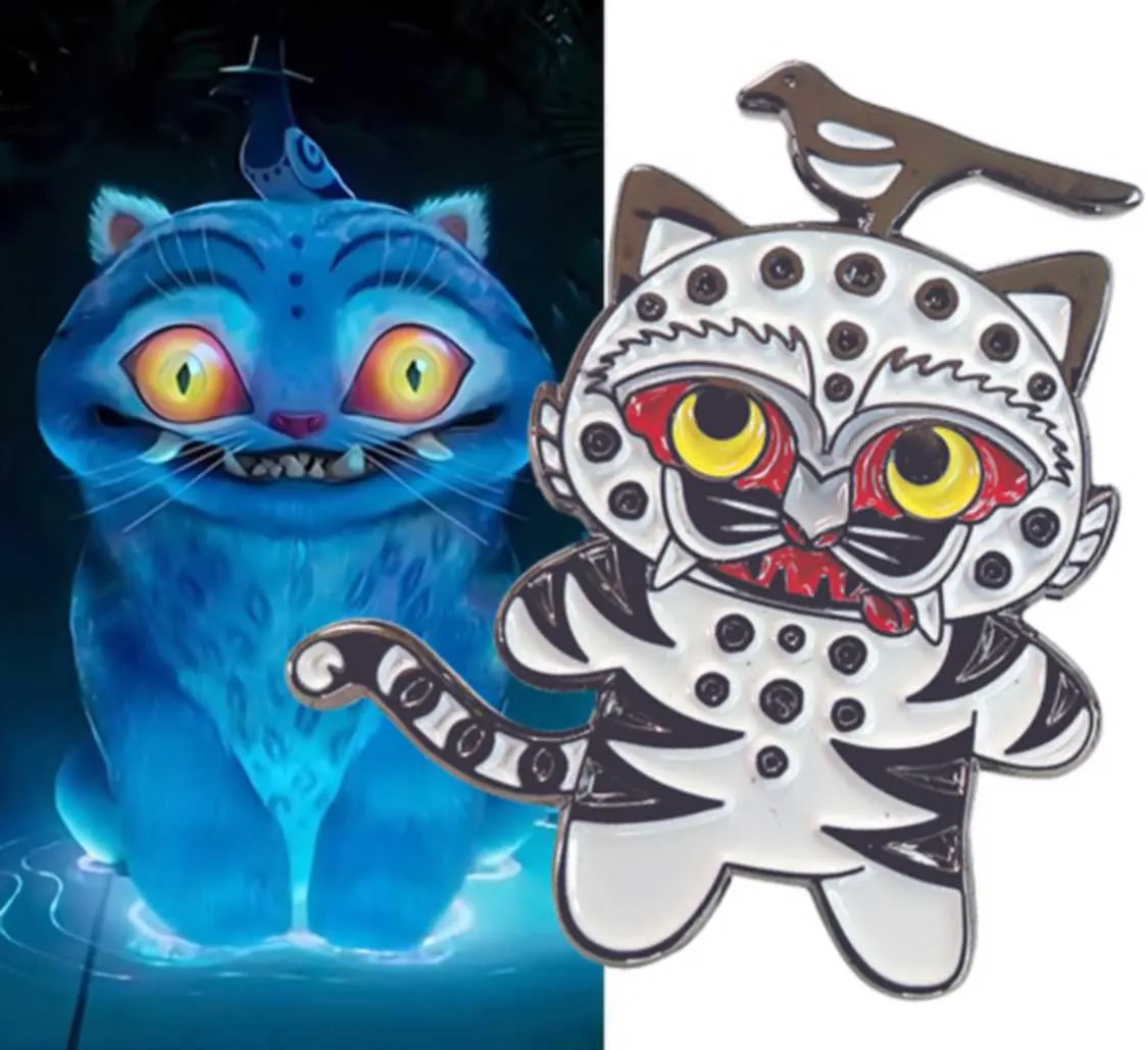 An enamel pin of a magpie and tiger imposed over an image of the magpie and tiger characters from K-Pop Demon Hunters