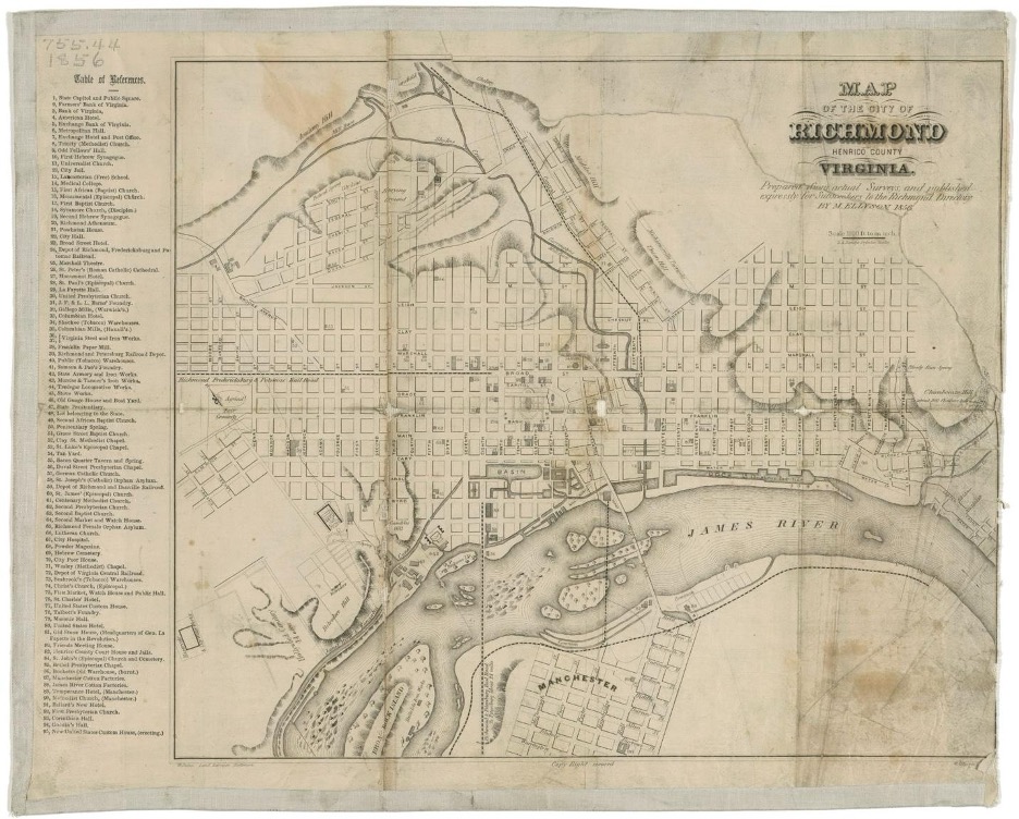 An old looking hand-drawn map of the city of Richmond, VA 