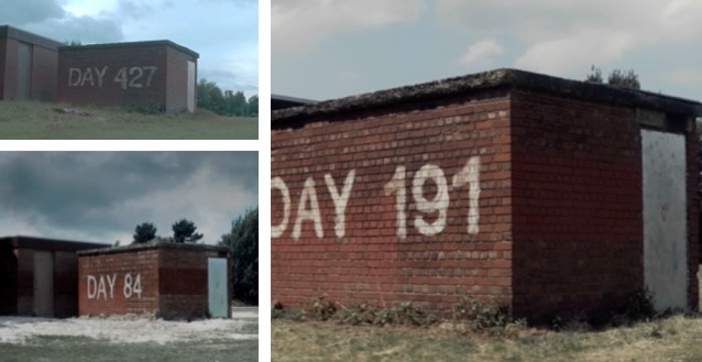 Compilation of three images showing daily tallies written in white chalk on the same brick wall. Starting clockwise from top left: