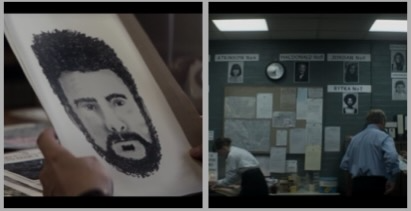 Compilation of two images: (left) a sketch artist's rendering of a man with dark hair and a beard and (right) a bulletin board surrounded by photos of female victims