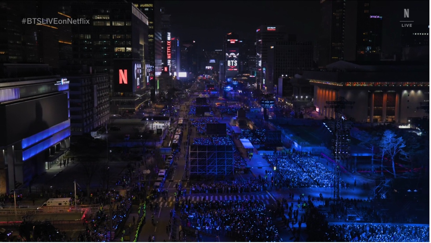 Overhead view of a crowded Granghwamun Square during the BTS concert