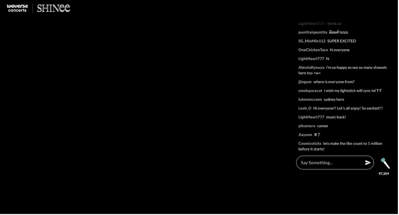 Screenshot of the livestream depicting a black screen with a chatbox covering the right side of the screen