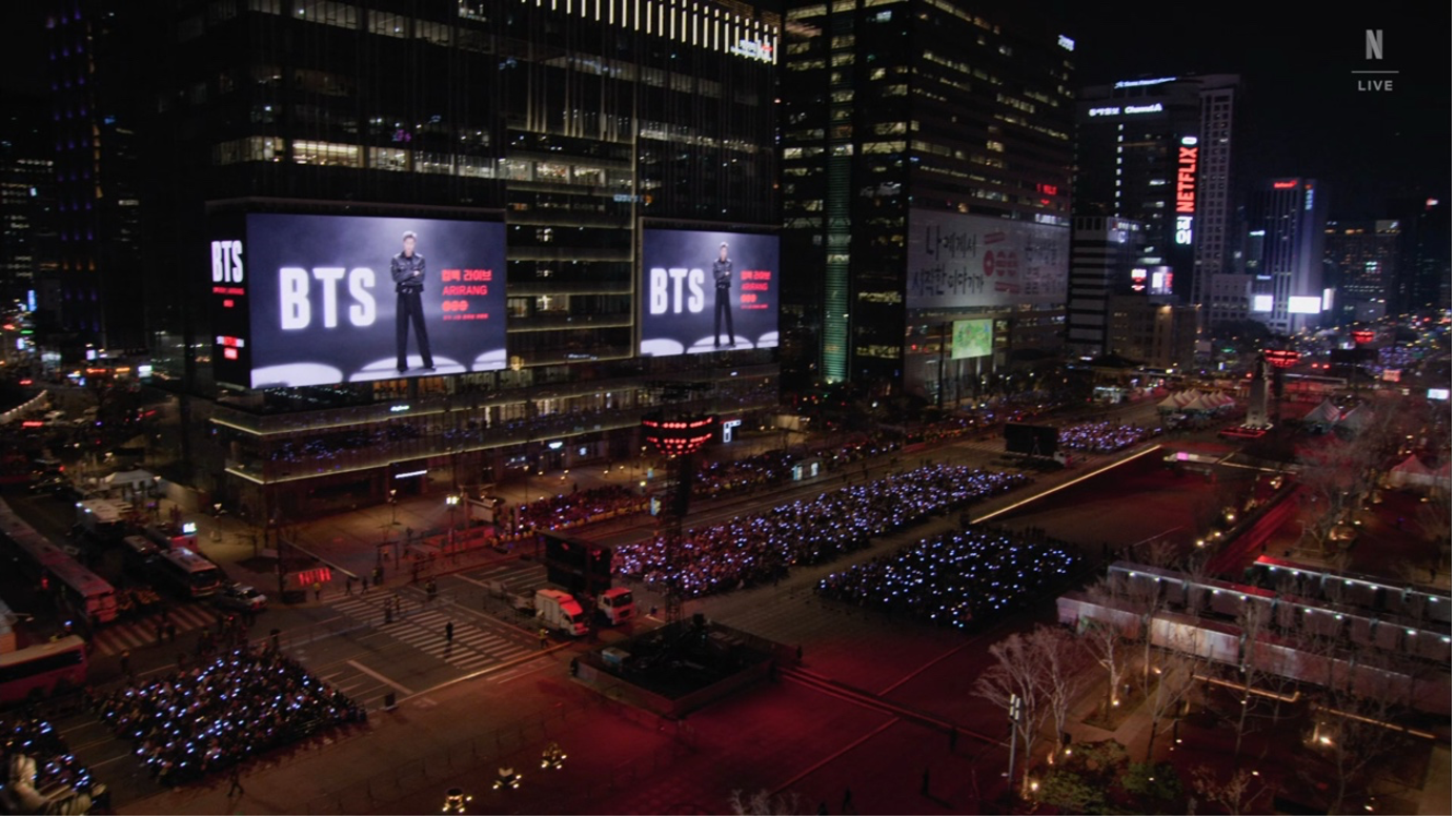 Overhead shot of a well-organized crowd at the BTS event in Gwanghawum Square