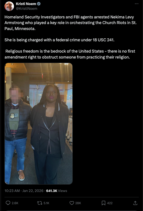 Kristi Noem original post to X with Nekima Armstrong Levy being arrested