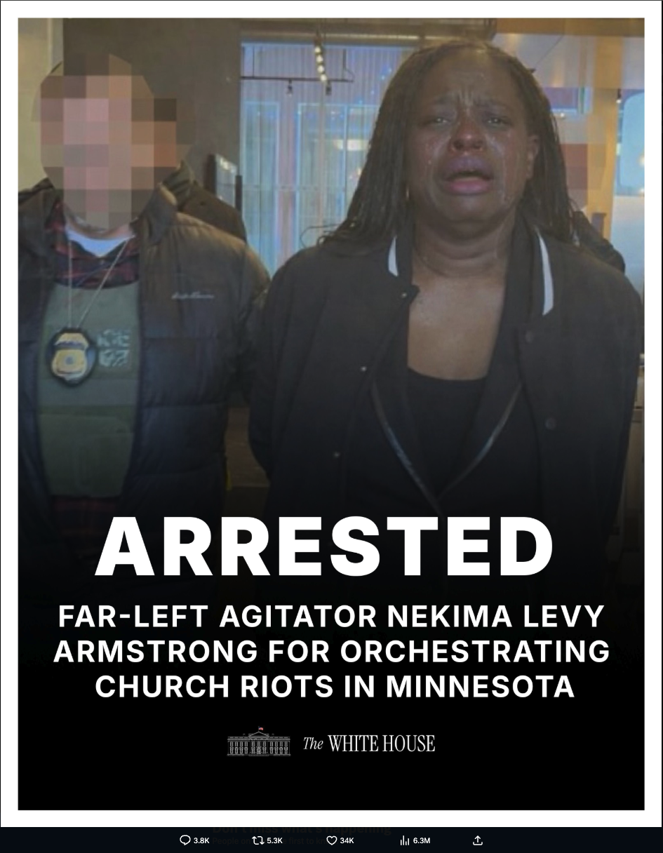 AI edited post of Armstrong Levy's arrest where she is sobbing