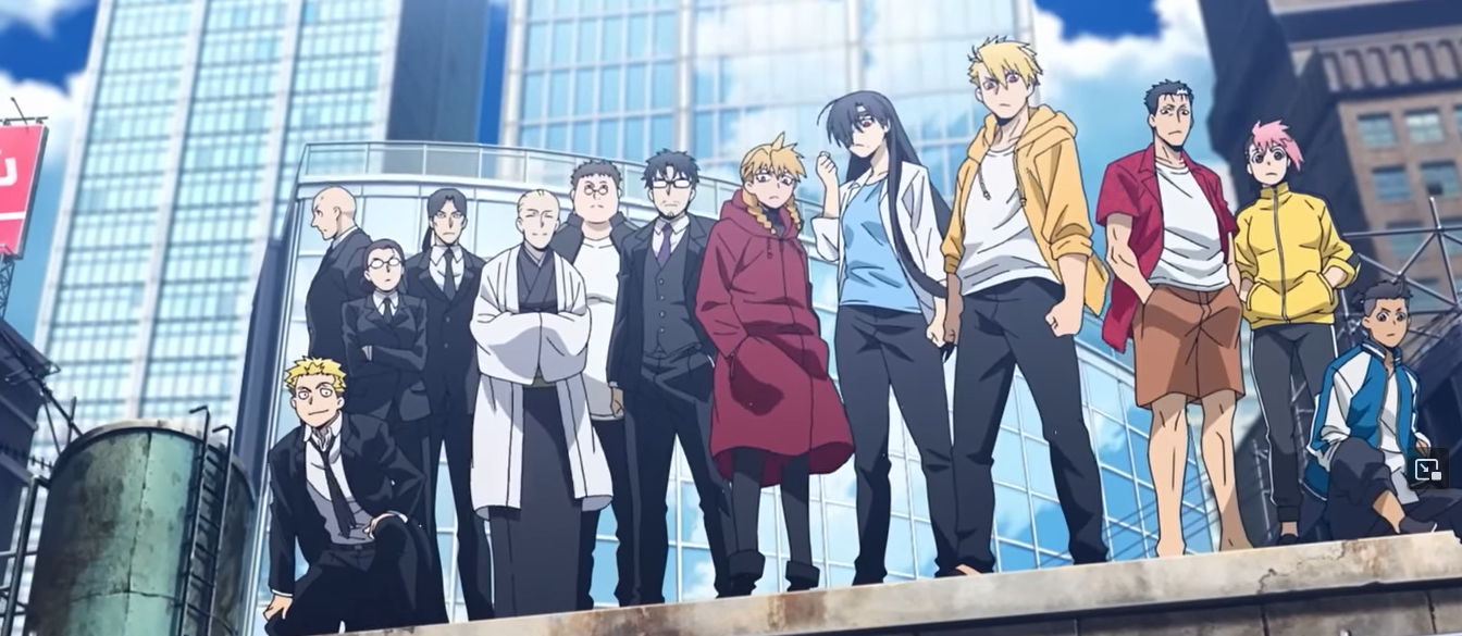 Still from Daemons opening theme song that depicts the whole cast standing side by side on a building