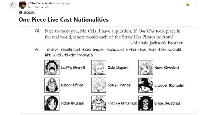 Screenshot of Reddit Post displaying a manga Q&A with Oda explaining all the main characters ethnicities