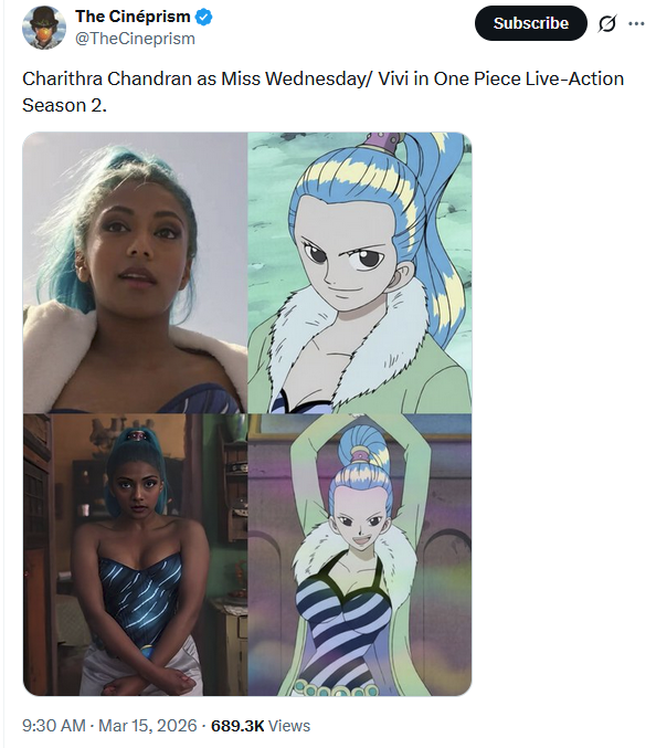X Post that compares anime Vivi (light skin) and live action Vivi (dark skin)