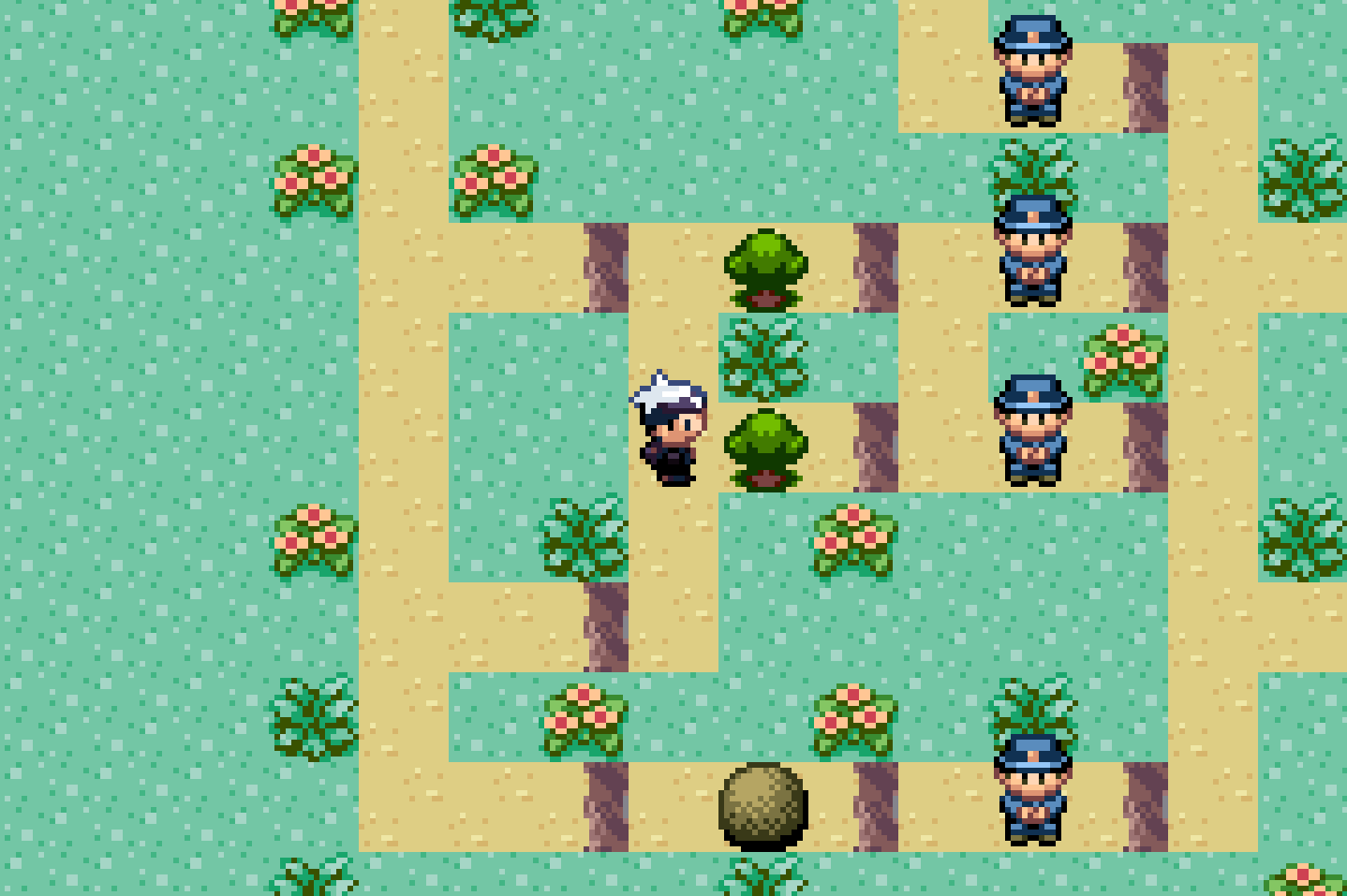 In a modified, roguelike version of Pokemon Emerald, a player is met with two paths to choose, each denoted by a sprite of a small tree.